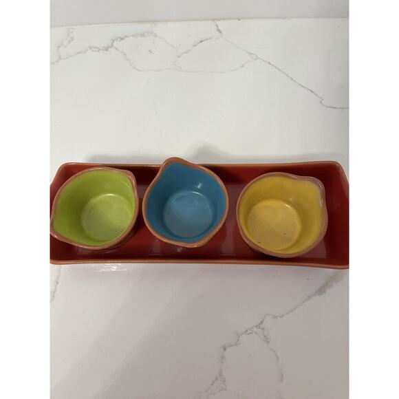 Pier One Terracotta Pottery Condiments Tray, 3 Bowls Hostess Gift, Occasions - Picture 3 of 9